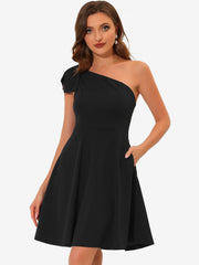 Bow One Shoulder Sleeveless Pockets A-Line Midi Dress