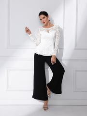 Lace Tops Keyhole Front Peplum Hem Sheer Long Sleeve Blouse