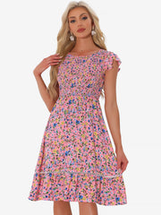 Midi Smocked Cap Short Sleeve Floral Fit and Flare Dress