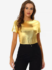 Party Metallic Textured Short Sleeve Shiny Multicolor Top