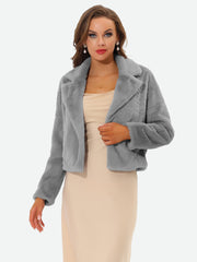 Allegra K Cropped Notch Lapel Faux Fur Fluffy Jacket