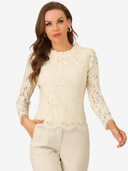 Lace Long Sleeve Ruffle Stand Neck Floral Blouse