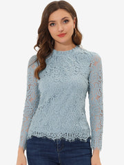 Lace Long Sleeve Ruffle Stand Neck Floral Blouse