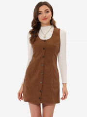 Corduroy Overall Scoop Neck Sleeveless Button Pinefore Dress