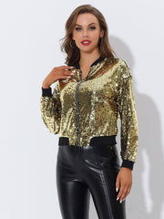 Sequin Sparkle Party Long Sleeve Zipper Bomber Jacket