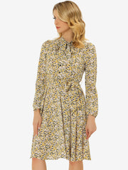 Tie Neck Chiffon Long Sleeve Belted Vintage Floral Dress