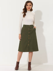 High Waist Button Front Belted Corduroy A-Line Midi Skirt