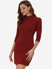Mock Neck 3/4 Sleeve Slim Check Office Work Plaid Dress