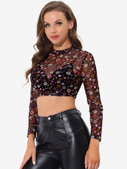 Semi-Sheer Sexy Heart Mesh Crop Top Long Sleeve Blouse