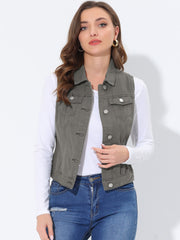 Flap Pocket Washed Buttoned Denim Jacket Vest