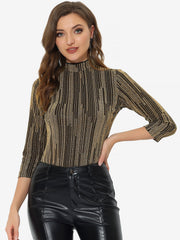 Party Glitter 3/4 Sleeve Shiny Striped Metallic Tops