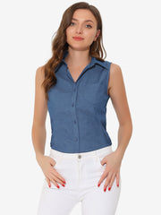 Denim Button Down Sleeveless Lapel V Neck Chambray Tunic Top