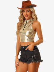 Metallic Crop Tops Mock Neck Zip Up Shiny Holographic Tank Top