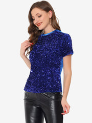 Glitter Sequin Velvet Crew Neck Short Sleeve Party Clubwear Blouse