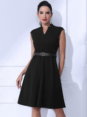 Office V Neck Work Sleeveless A-line Midi Solid Belted Dress