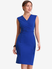 Solid Color V Neck Sleeveless Belted Business Office Midi Sheath Dress