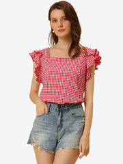 Summer Gingham Tops Square Neck Ruffle Cap Sleeve Blouse