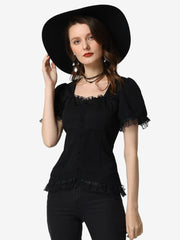 Sweetheart Neck Puff Short Sleeve Lace Up Gothic Blouse
