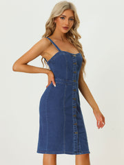 Button Down Denim Sleeveless Sweetheart Neck Jeans Dress