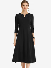 Notch Neck Pocketed 3/4 Sleeve Solid A-Line Work Dress
