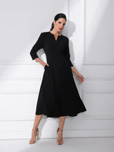 Notch Neck Pocketed 3/4 Sleeve Solid A-Line Work Dress