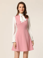 Patchwork Contrast Color Long Sleeve Tie Neck Mini Dress