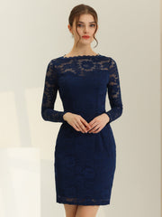 Lace Boat Neck Long Sleeve Cocktail Bodycon Pencil Dress