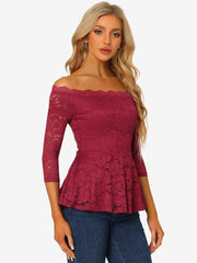 Elegant Lace Blouse Semi Sheer 3/4 Sleeve Off Shoulder Peplum Top