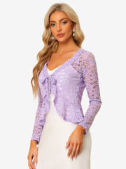Floral Lace Tie Front Ruffled Hem Sheer Crop Bolero Shrug