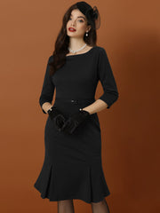 Business Elegant Boat Neck Half Sleeve Pleated Midi Solid Dress