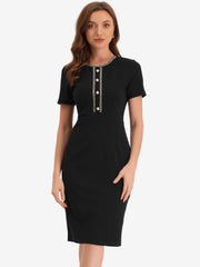 Short Sleeve Button Decor Bodycon Sheath Work Midi Dress