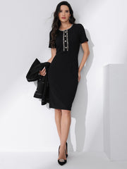Short Sleeve Button Decor Bodycon Sheath Work Midi Dress
