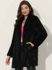 Lapel Collar Faux Fur Fuzzy Winter Warm Pockets Coat