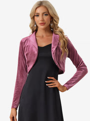 Long Sleeve Lapel Collar Velvet Open Front Cropped Bolero Shrugs