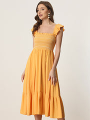 Boho Square Neck Ruffle Tiered Flowy Smocked Midi Dress Sundress