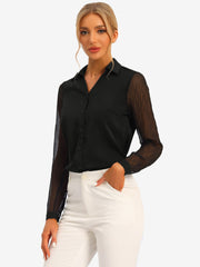 V Neck Point Collar Mesh Sleeve Button Down Work Office Shirt