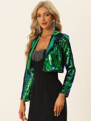 Open Front Blazer Notched Lapel Long Sleeve Sparkly Sequin Jacket
