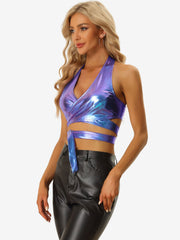 Metallic Halter Neck Deep V Neck Backless Holographic Crop Top