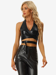 Metallic Halter Neck Deep V Neck Backless Holographic Crop Top