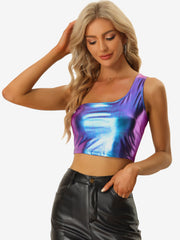 Metallic Cropped Top One Shoulder Party Blouse