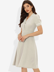 Work Lace Notched Collar Vintage 1950s Short Sleeve Midi Shirt Dress