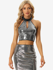 Sequin Halter Neck Sleeveless Cutout Shiny Party Crop Top