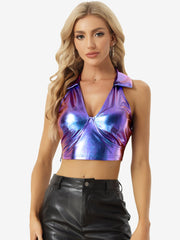 Holographic Crop Top Shimmering Shiny Party Halter Metallic Tops
