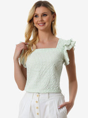 Summer Gingham Tops Square Neck Ruffle Cap Sleeve Blouse