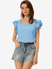 Summer Gingham Tops Square Neck Ruffle Cap Sleeve Blouse