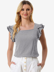 Summer Gingham Tops Square Neck Ruffle Cap Sleeve Blouse