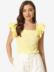Summer Gingham Tops Square Neck Ruffle Cap Sleeve Blouse