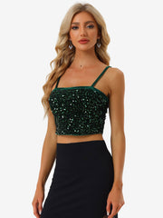 Sequined Velvet Spaghetti Strap Club Party Cropped Cami Top