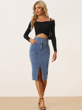 Casual Denim High Waist Split Hem Pencil Jean Midi Skirt