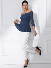 Elegant Lace Blouse Semi Sheer 3/4 Sleeve Off Shoulder Peplum Top